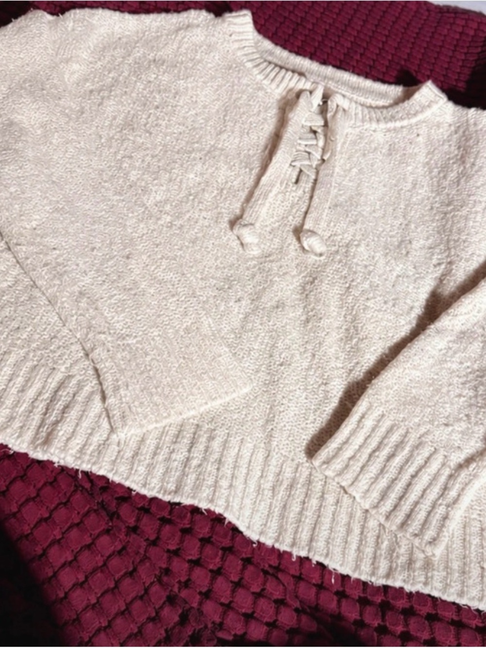 American Eagle Cream Lace-Up Knit Sweater – Size Small